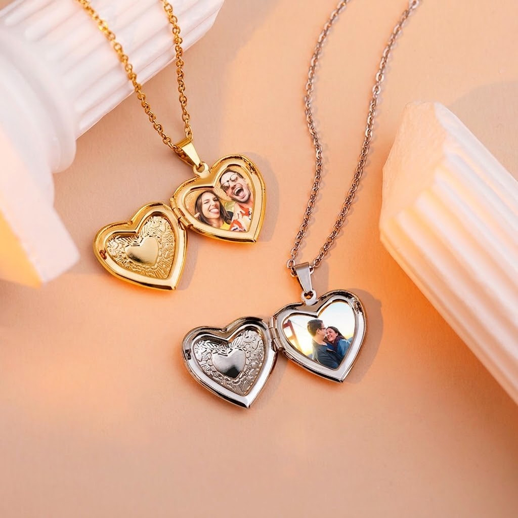 Kotak Kenangan Foto Kustom Set - Heart Locket Necklace Photo ulasan dan harga